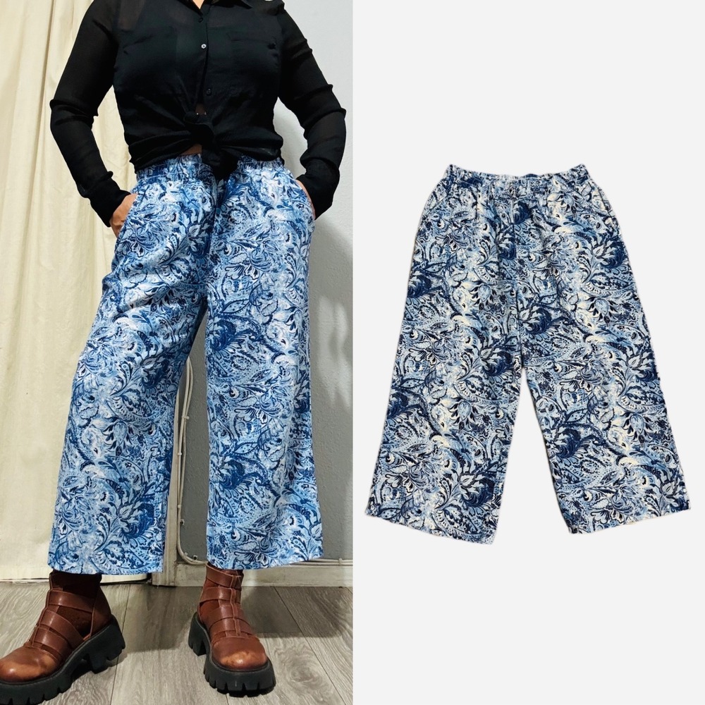 Briggs Women Blue White Paisley Print Wide Leg Cropped Pants Size 10 Linen Blend